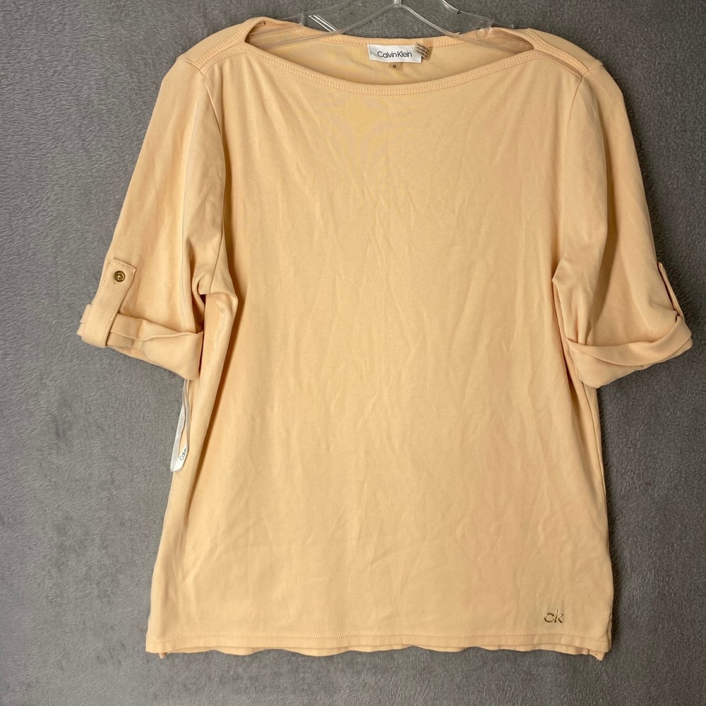 Calvin Klein Womens Top Medium Peach Roll Tab Sleeve Boat Neck Tee